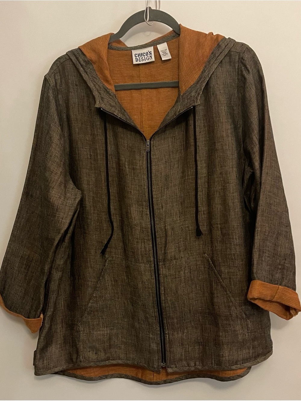 Chico’s Design Vtg Brown Linen Full Zip Hoodie Front Pockets Chico Size 2 LRG